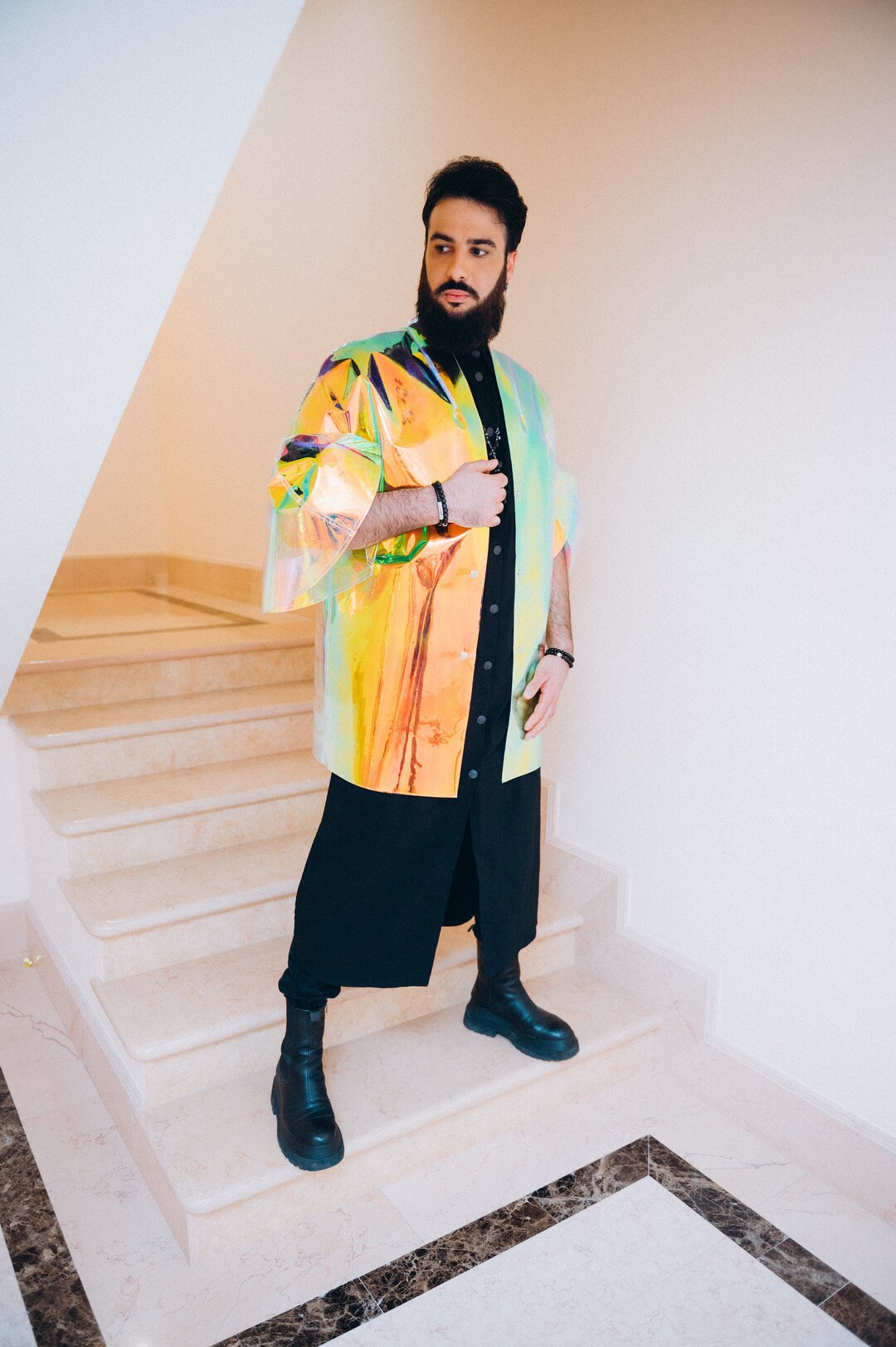 Iridescent TPU Trench Coat — Unisex Holographic Party Raincoat