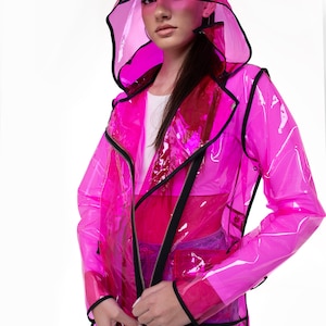 Vinyl Transparent Biker Rain Jacket with Removable Hood