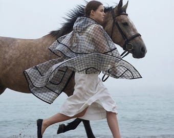 Plaid Woman's Rain Cape: Transparent Vinyl Hooded Raincoat