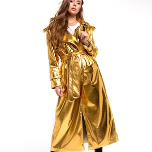 Women’s Gold Metallic Trench Coat – Long Glossy Rain Jacket with Belt, Avant-Garde Statement Outerwear