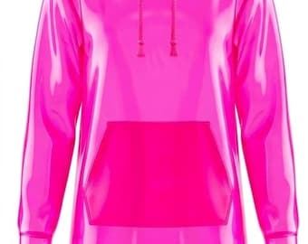 Sweat à capuche long en vinyle pour femme avec cordon de serrage, imperméable transparent futuriste en PVC, vêtement d'extérieur avant-gardiste et imperméable.