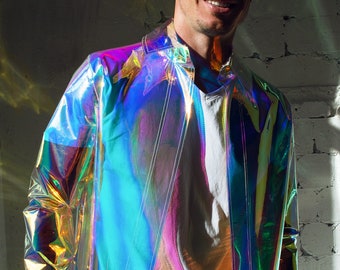 Iridescent Men's Blazer: Avant-garde Transparent Jacket. Awesome look for party time. Shine rainbow mens jacket!