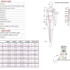 May include: A chart with measurements for different sizes of clothing. The chart includes measurements for chest, waist, hips, sleeve, and shoulder. The measurements are in inches and centimeters.