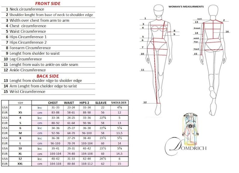 May include: A chart with measurements for different sizes of clothing. The chart includes measurements for chest, waist, hips, sleeve, and shoulder. The measurements are in inches and centimeters.