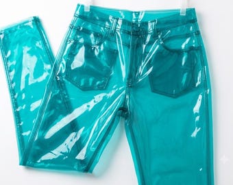 Men's Transparent Vinyl Jeans — Clear PVC Pants, Straight Fit Mens Teal Trouser
