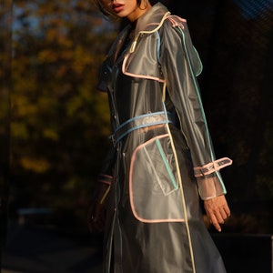Street style Translucency TPU Trench Rain Coat with Multicolored trim and removable hood.