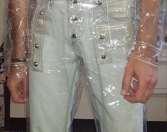 Jeans in vinile trasparente da uomo — Pantaloni in PVC trasparente, pantaloni da uomo dritti, denim alla moda antipioggia all'avanguardia