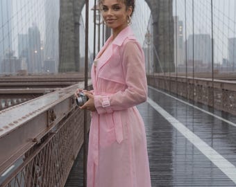 Matte Pink Trench Raincoat — Marshmallow Pink Transparent Coat, Lightweight 120cm Clear Vinyl Parka, Classic Silhouette Pastel Rainwear