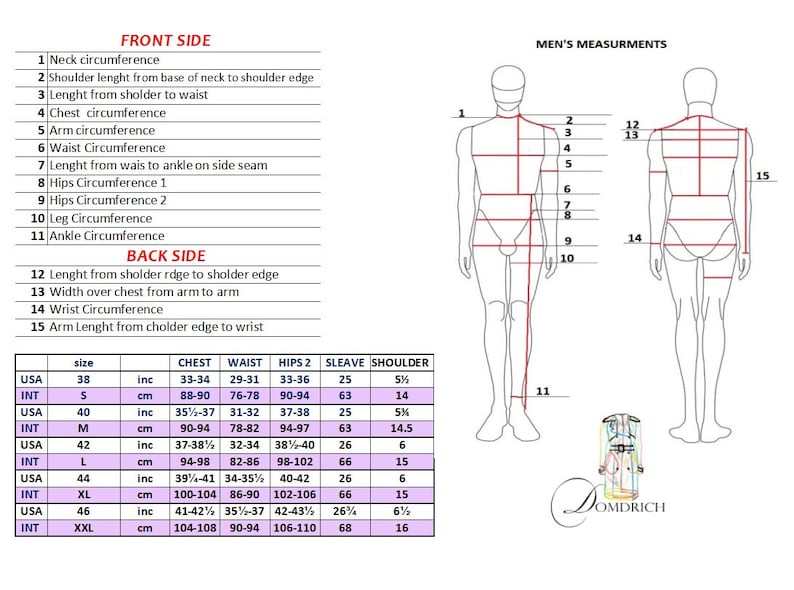 May include: A chart showing measurements for men's clothing sizes. The chart includes measurements for chest, waist, hips, sleeve, and shoulder. The measurements are in inches and percentages. The chart also includes a diagram of a man's body with the measurements labelled.