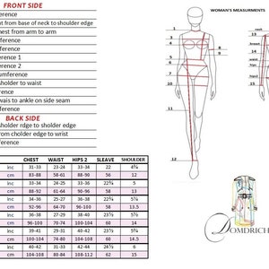May include: A chart with measurements for different sizes of clothing. The chart includes measurements for chest, waist, hips, sleeve, and shoulder. The measurements are in inches and centimeters.