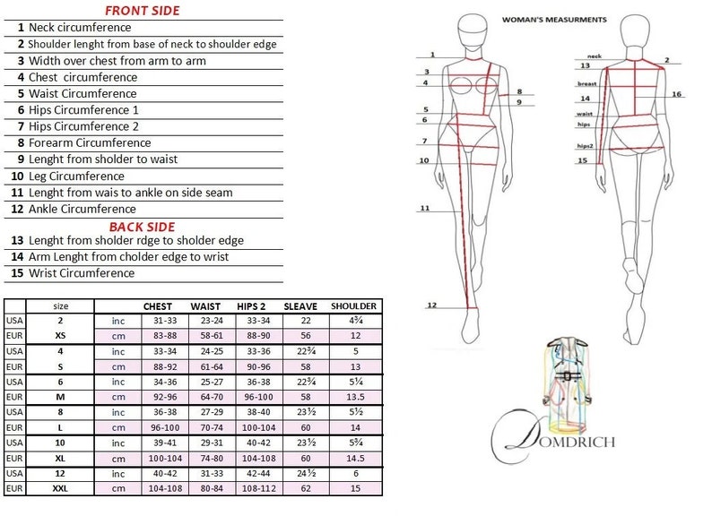 May include: A chart with measurements for different sizes of clothing. The chart includes measurements for chest, waist, hips, sleeve, and shoulder. The measurements are in inches and centimeters.
