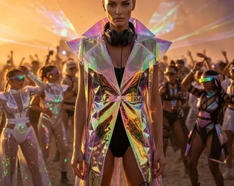 Gilet long holographique pour femme - Effet irisé audacieux. Vêtements d'extérieur pour femmes