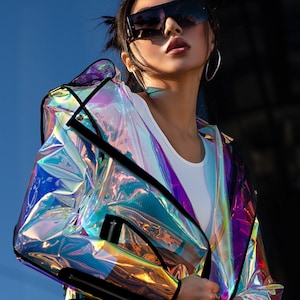 Halogram irisierende TPU Bikerjacke. Wunderschöne High Fashion Jacke. Geschenk für sie.