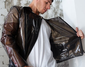 Transparent Smoked Vinyl Biker Jacket with belt. Men's Motorcycle blazer. Men's Dark Chocolate Vinyl Biker Jacket — Asymmetrical Zipper
