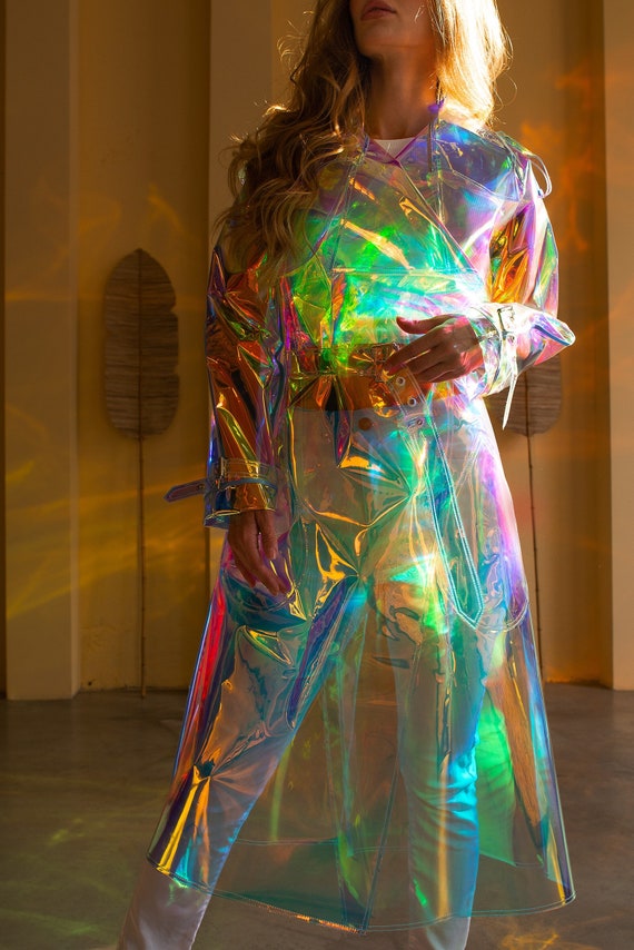 NEW Gorgeous Iridescent Ladies Raincoat Outstanding TPU Trench Coat.  Removable Hood 