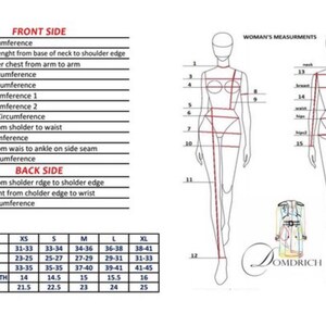 May include: A diagram showing the measurements for women's clothing. The diagram shows the front and back views of a woman with lines indicating where to measure. A chart shows the measurements in inches for different sizes: XS, S, M, L, and XL. The measurements include chest, waist, hips, back width, and sleeve.