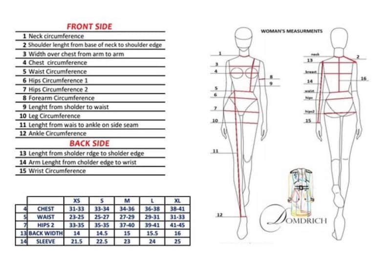 May include: A diagram showing the measurements for women's clothing. The diagram shows the front and back views of a woman with lines indicating where to measure. A chart shows the measurements in inches for different sizes: XS, S, M, L, and XL. The measurements include chest, waist, hips, back width, and sleeve.