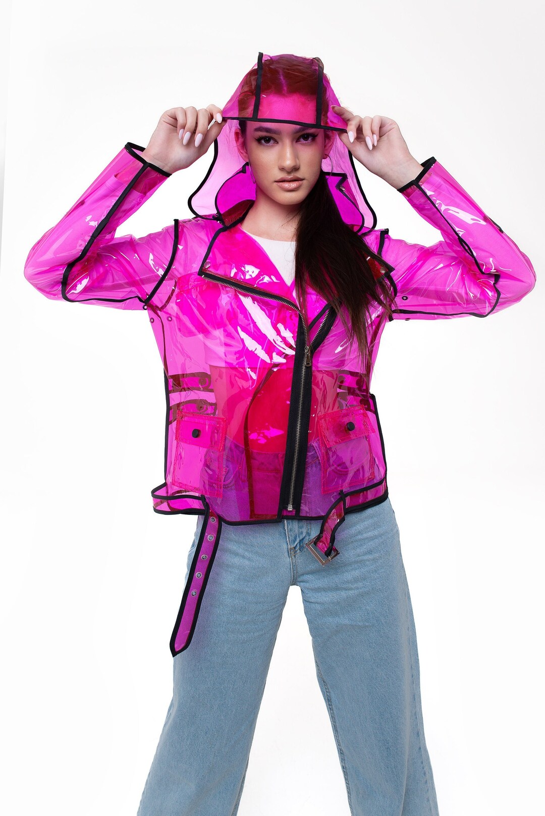 55 Discount. Vinyl Transparent Biker Jacket With Removeble Hood