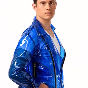 Vinyl men&#39;s Biker Jacket. Transparent men clothing! Motorcycle Jacket. Waterproof and wind-resistance.