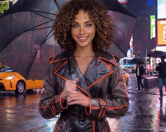 Woman's Black Transparent Vinyl Trench Raincoat: Street Style Fashion.
