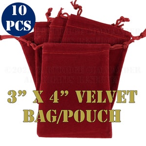May include: Ten burgundy velvet bags/pouches, each measuring 3" x 4", are displayed. The bags have drawstring closures. The text "10 PCS" is in a blue circle. The text "3" X 4" VELVET BAG/POUCH" is in gold.