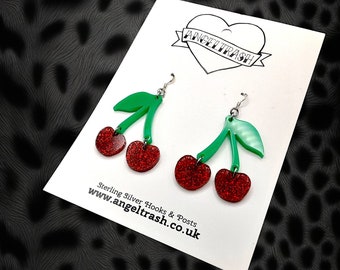 Red Sparkle Cherry Earrings on Sterling Silver Hooks