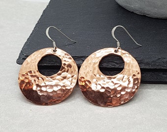 Copper Hammered Offset Washer Earrings, Rustic Copper, Hand Forged, Mixed Metal Jewellery, Boho, Handmade, Gift for her, Mothers Day Gift