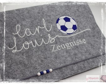 Zeugnismappe Fußball Filz Fußballfan Junge personalisiert BLAU WEISS  Name Zeugnis Einschulung Schule Schulstart