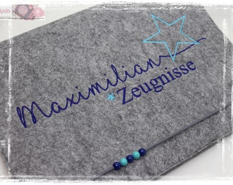 Zeugnismappe Stern Filz MARINEBLAU TÜRKIS Jungen Mädchen Junge personalisiert Name Einschulung Zeugnis Schulstart