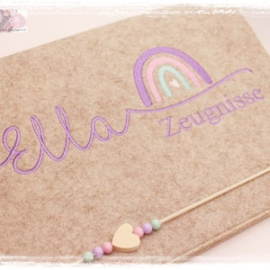 Zeugnismappe Herz Filz FLIEDER LILA Beige Mädchen personalisiert Name Zeugnis Einschulung Schule Schulstart Regenbogen
