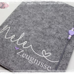 Zeugnismappe Herz Filz Flieder Mädchen personalisiert Name Zeugnis Einschulung Schule Schulanfang