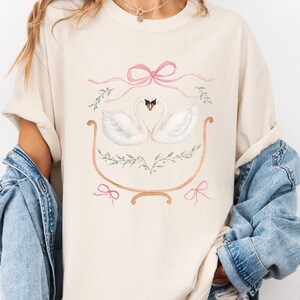 Coquette Swan and Bows T-Shirt Swan Comfort Colors Cotton Tee Pretty Swan T-Shirt For Her Pink Bow 100% Cotton Shirt Cozy Girl Oversized Top