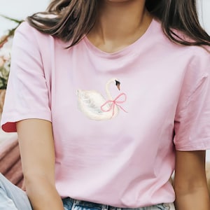 Pretty Swan Wearing Bow T-Shirt Pink Comfort Colors Coquette Swan Tee Pink Bows Cotton T-Shirt Rococo Castlecore Swan Shirt Ivory Swan Tee