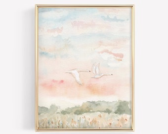 Swan Watercolor Painting Art Print of Two Swans Flying Cotton Candy Color Sunrise Watercolor Art Swan Wall Art For Baby Nursery Pink Décor