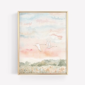 Swan Watercolor Painting Art Print of Two Swans Flying Cotton Candy Color Sunrise Watercolor Art Swan Wall Art For Baby Nursery Pink Décor