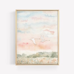 白鳥の水彩画アートプリント 2羽の白鳥が飛んでいる綿菓子色の日の出水彩画アート 白鳥の壁アート 赤ちゃんの保育園用 ピンクの装飾