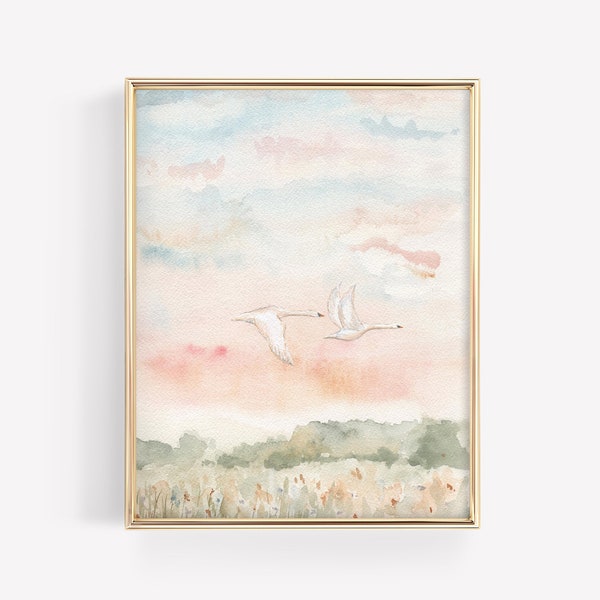 Impression d'Art cygne peinture de deux cygnes volant couleur barbe à papa Lever du soleil couleur aquarelle art mural cygne pour chambre de bébé décoration rose