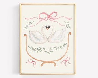Swan Baby Nursery Art Print Swan Watercolor Print Baby Girl Pink Nursery Print Swan Nursery Wall Décor Pink Bows and Swans Watercolor Art