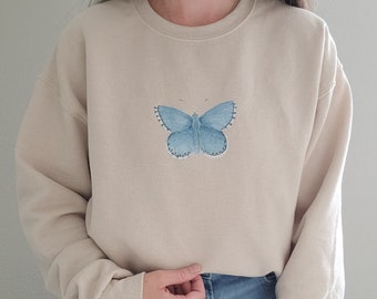 Sand Color Crewneck Sweatshirt With Watercolor Blue Butterfly Comfy Butterfly Sweatshirt Oversized Trendy Sand Colored Sweated Shirt