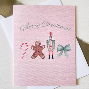 Cartão de Natal Rosa Cartão de Natal de Gengibre Cartão de Quebra-Nozes com Bengala Doce e Laço Cartão de Coquete Feliz Natal Cartão de Natal Simples e Bonito