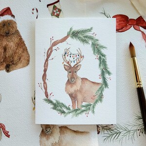 Carte de Noël renne Carte de Noël aquarelle Carte de Noël aquarelle de Noël à la campagne Carte de Noël joyeux et renne Carte de Noël des bois