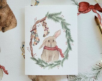 Bunny Holiday Christmas Card Cute Bunny Rabbit Christmas Card Winter Woodland Animal Christmas Card Plaid Christmas Bunny Card Cabin Holiday