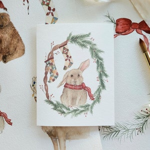 Niedliche Hase Weihnachtskarte Winter, Waldtier Weihnachtskarte, karierte Weihnachtshasenkarte, Kabine, Urlaub