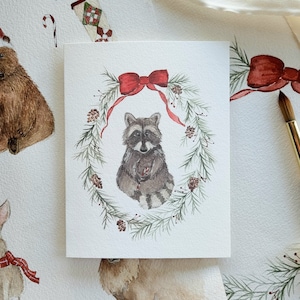 Raccoon Christmas Card Winter Woodland Christmas Card Christmas Wild Animal Card Watercolor Raccoon Card For The Holidays Critter Christmas