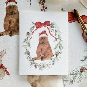 Carte de Noël ours Carte de Noël de vacances ours brun mignon Carte de Noël ours du Père Noël Carte de Noël de la faune Carte de Noël animal des bois