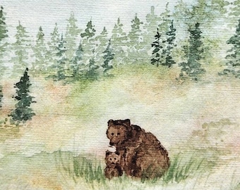 Mama and Baby Brown Bear Print Watercolor Baby Bear Nursery Art PNW Bear Wildlife Print Baby Bear Wall Décor For Woodland Baby Nursery