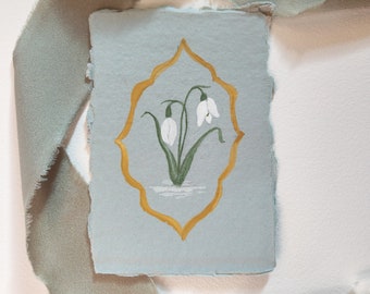 Snödroppe, blommamålning med födelsemånad, konst med födelsemånad i januari, originalmålning med snödroppe, väggkonst för barnrum, vildblommor, snödroppebukett