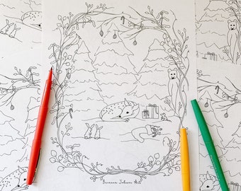 Printable Christmas Coloring Page, Winter Coloring Page, Christmas Tree Coloring Page, Holiday Coloring Page PDF, Animal Colouring For Kids