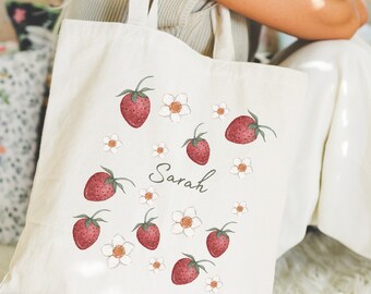 Strawberry Tote Bag Personalized Name Tote Bag Strawberry Farmers Market Bag Custom Name Bag Spring Tote Reusable Grocery Cotton Tote