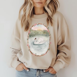 Moletom Swan Elegante Branco Swan Crewneck Camisa Estética Rococó Suéter Coquette Confortável Victorian Painted Swan Crewneck Swan Lake Crewneck
